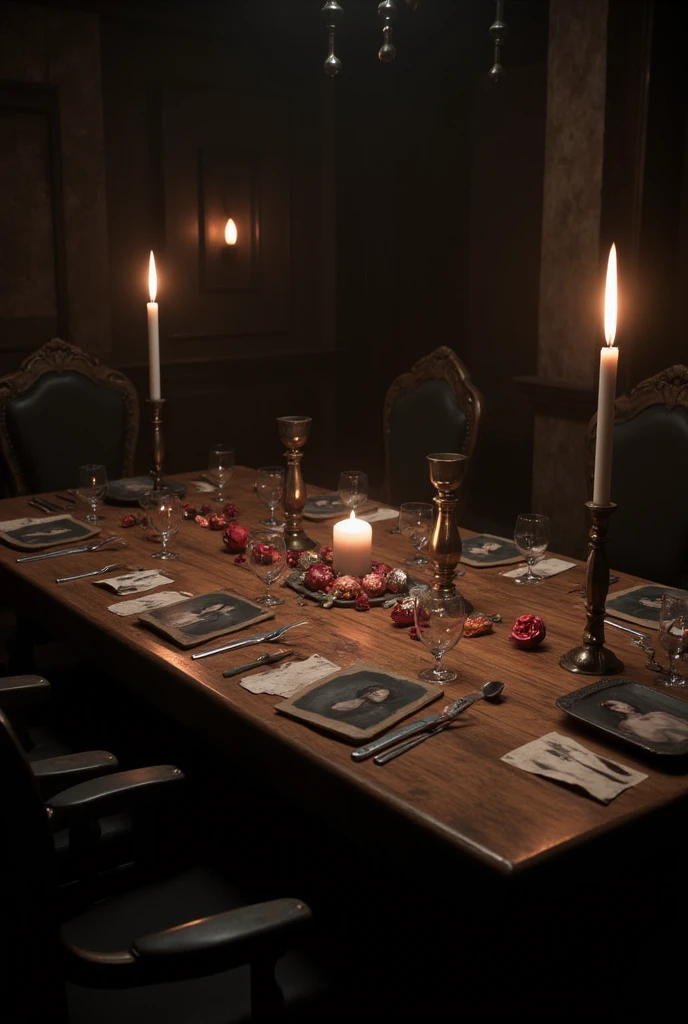  a table with objects for performing a magical ritual, knives ,  photos of people without frames , magic candles ,  Mysterious atmosphere 