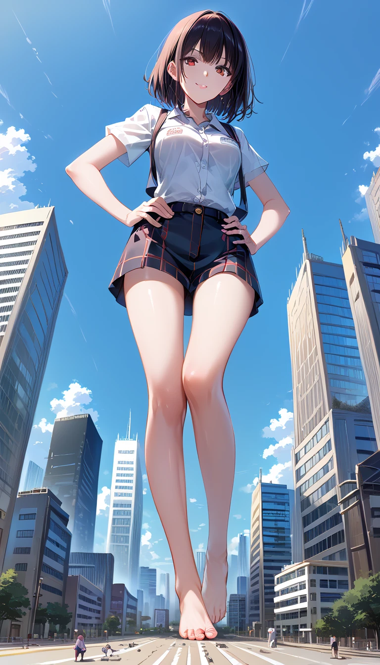 Giantess、Accurate composition、Accurate body、Precise balance、キュートなanime、 is composed of high quality 、 top quality 、Giantess、woman、Giantess、 smiles、建物より大きなwoman、 small tits、View from the ground 、 miniature cityを見下ろすwoman、I can see your feet、I can see your toes、Destroyed cityscape、 a destroyed miniature city、 seen from afar、The fugitive々、 miniature city、 Hands on Hips 、animeイラスト、anime、Giantess