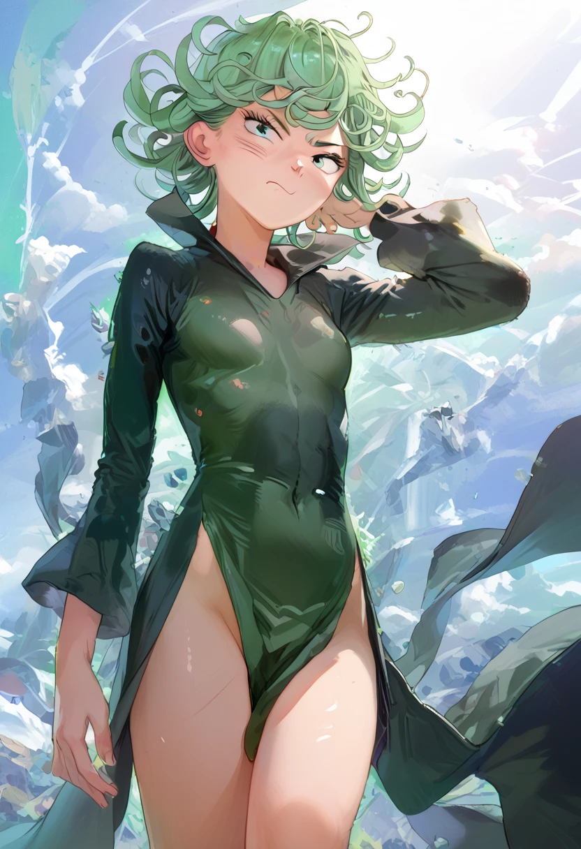 (masterpiece) (ultra_detailed) (best quality) tatsumaki , 1girl, slim, fit, ,  pinning you, disgust 