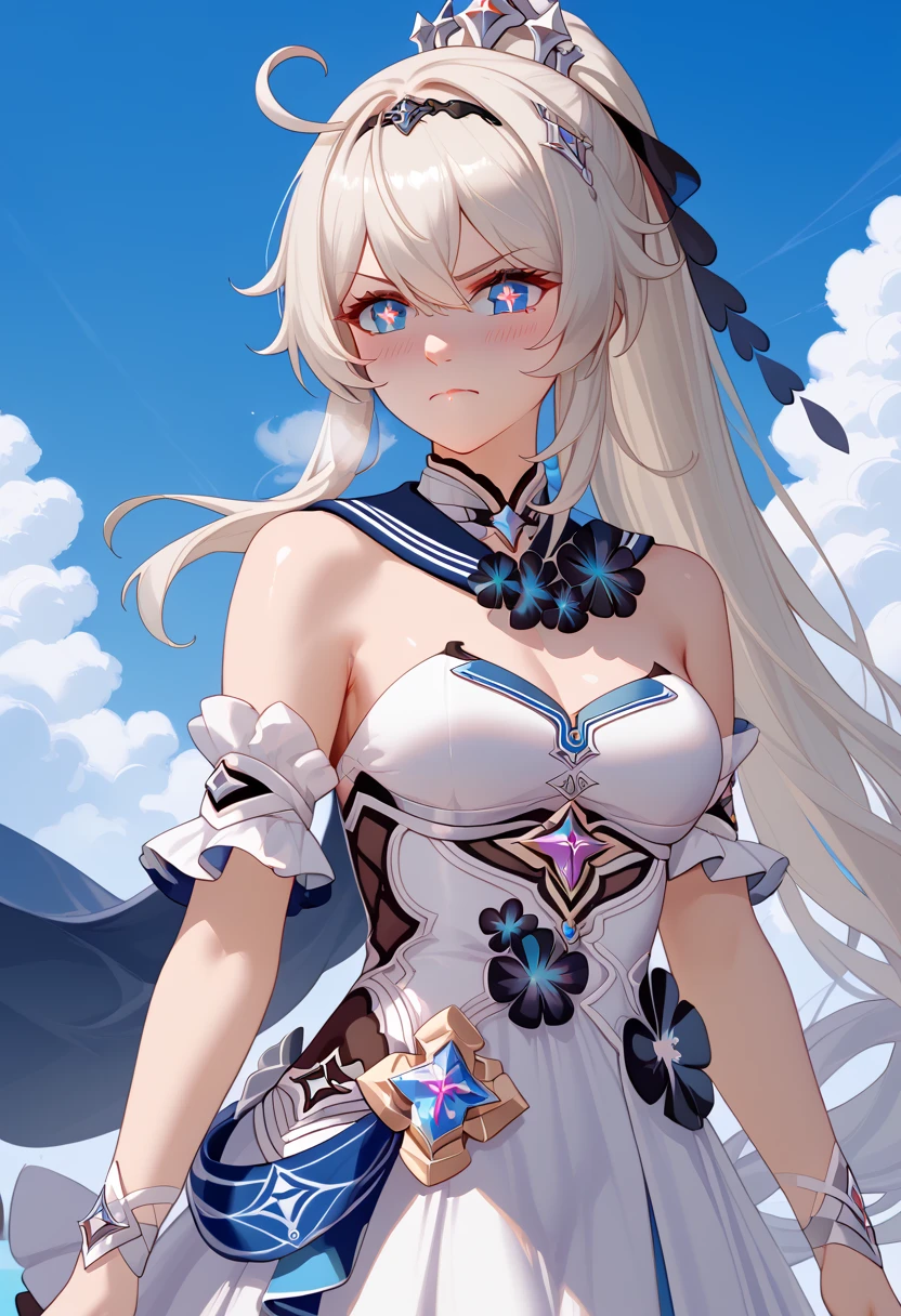 score_9, score_8_up, score_7_up, masterpiece, best quality, very aesthetic, absurdres, 1girl, solo, kiana kaslana \(honkai impact 3rd\), herrscher of finality, white hair, very long hair, ahoge, high ponytail, hair ornament, blue eyes, star-shaped pupils, symbol-shaped pupils, medium breast, blush, disgusted face, closed mouth, heavy breathing, elegant academic uniform, navy blue sailor-style collar with gold embroidery, white blouse, navy skirt, golden belt, asymmetrical cape adorned gold trim, delicate rope tassels