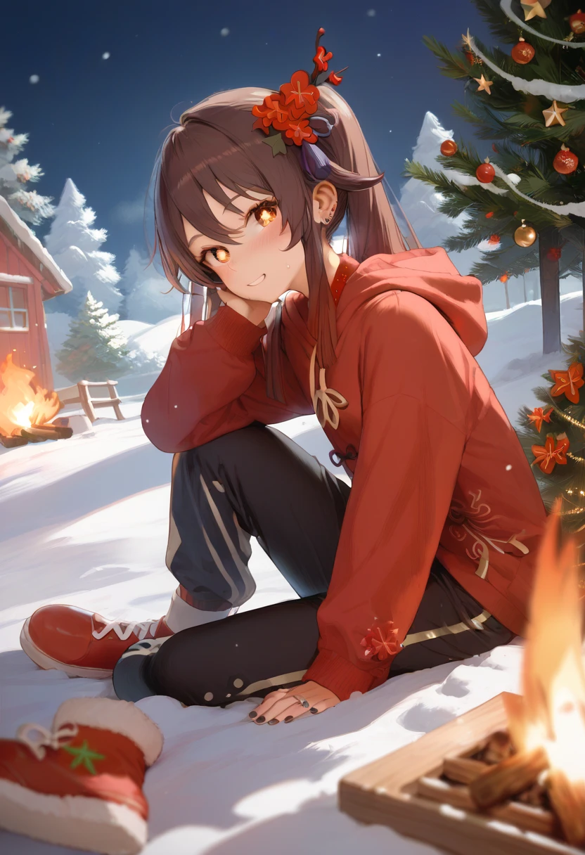 (best quality) (masterpiece) (ultra_detailed) Hu tao, slim, fit,  anime look, anime style, wearing reddish hoodie, christmas, snow, christmas tree, campfire, cold, 