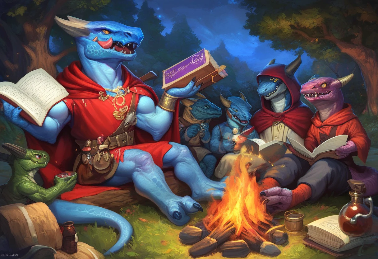 pathfinder kobold,k0bold,yellow eyes,blue skin, multiple kobolds, several kobolds, 6 kobolds, 5 kobolds, many kobolds, happy,  sitting around a campfire, wilderness, night, BREAK one wizard, cloak, book, reading BREAK, one assassin, holding a dagger, BREAK one alchemist, holding a potion, BREAK one archer, holding a bow, BREAK one flexing, muscular, BREAK bard,accoustic guitar, awawa