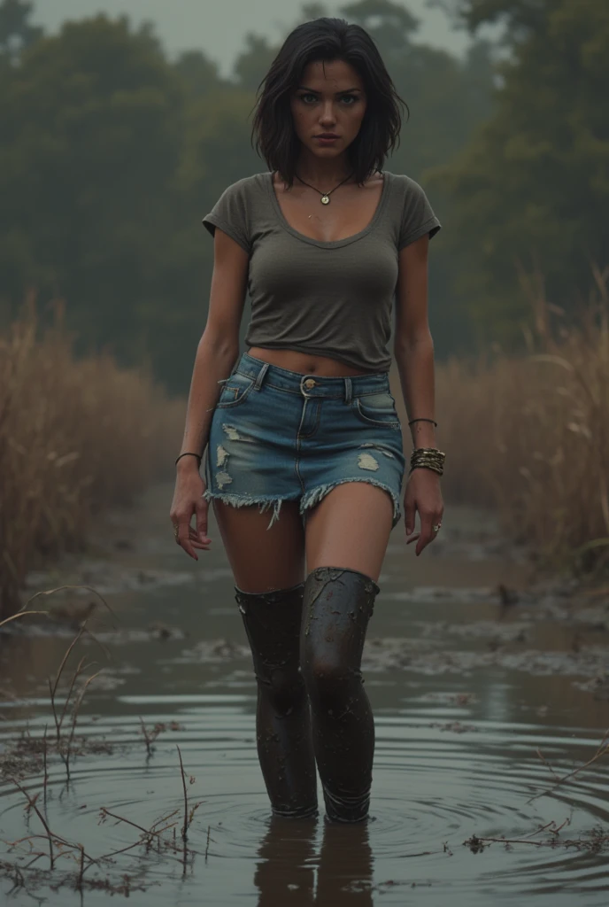 a mature mid-aged woman, in a mud swamp, in shameful orgasm, bob-cut, wearing a tight t-shirt and short stockings with garters and messy tight detailed denim skirt, (best quality,4k,8k,highres,masterpiece:1.2),ultra-detailed,(realistic,photorealistic,photo-realistic:1.37),HDR,UHD,studio lighting,ultra-fine painting,sharp focus,physically-based rendering,extreme detail description,professional,vivid colors,bokeh,dark,gritty,moody,evening lighting