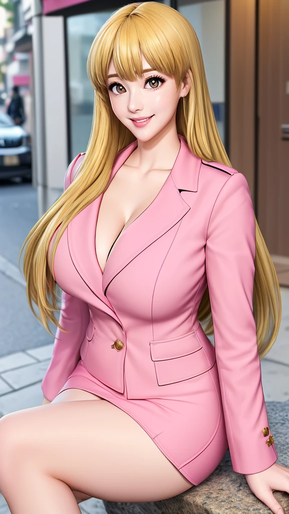 Very long blonde hair, bangs,  brown eyes,  shiny pink lips, clavicle,  pink clothes , (masterpiece,  top quality :1.4),  Police Uniform,  female cop ,   Pink Uniform ,  clevis on a stone,  pink pencil skirt,  Long Sleeve  ,  chest pocket , formal,  pink shirt with knee ,  outdoors on the street at night, Police Station, Reiko is seducing her by sticking her chest out with both hands,
(((masterpiece,  top quality ; 1.3)),  high image quality,  beautiful details,  super detailed , Ultra-fine, 16k,  exquisite,  absurd,  high res,  beautiful background,   detailed background,  beautiful eyes,  Beautiful skin,  anime style,  RAW photos  ,  very detailed:1.2),  One Girl , Alone, Full-length portrait of a woman,  Chest Focus ,  charming figure ,  mature body, Fat,  plump,  viewers, smile, Good move, best hands,