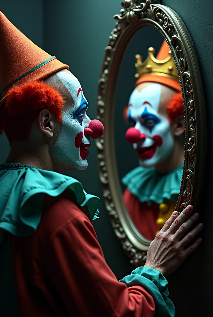 a person putting on clown makeup for another person in front of a mirror in a circus setting talking