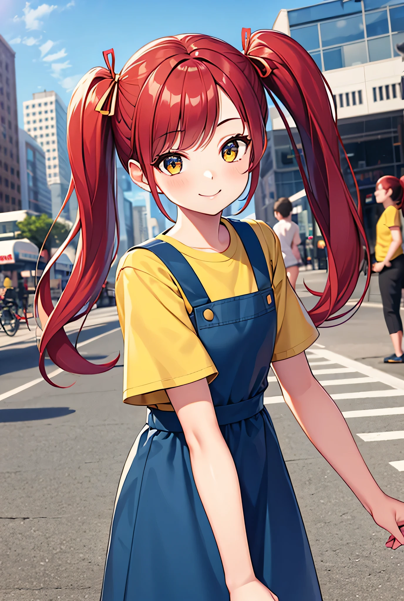 1girl, Solo, HD, Quality, Masterpiece, Long Hair, Twintails, Red Hair, Smile, Ribbon, yellow t shirt, pink pinafore, day, city, looking at viewers, short sleeves,