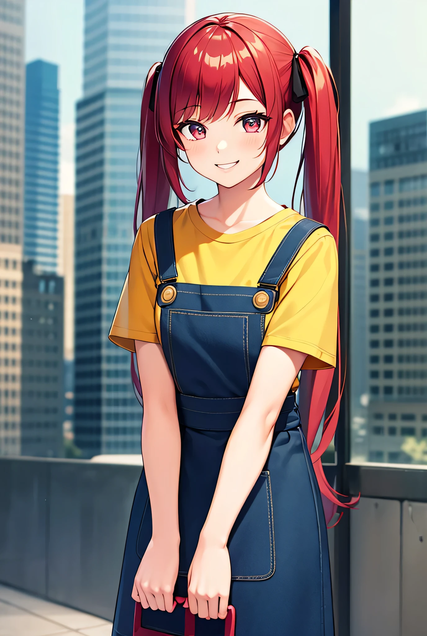 1girl, Solo, HD, Quality, Masterpiece, Long Hair, Twintails, Red Hair, Smile, Ribbon, yellow t shirt, pink pinafore, day, city, looking at viewers, short sleeves,