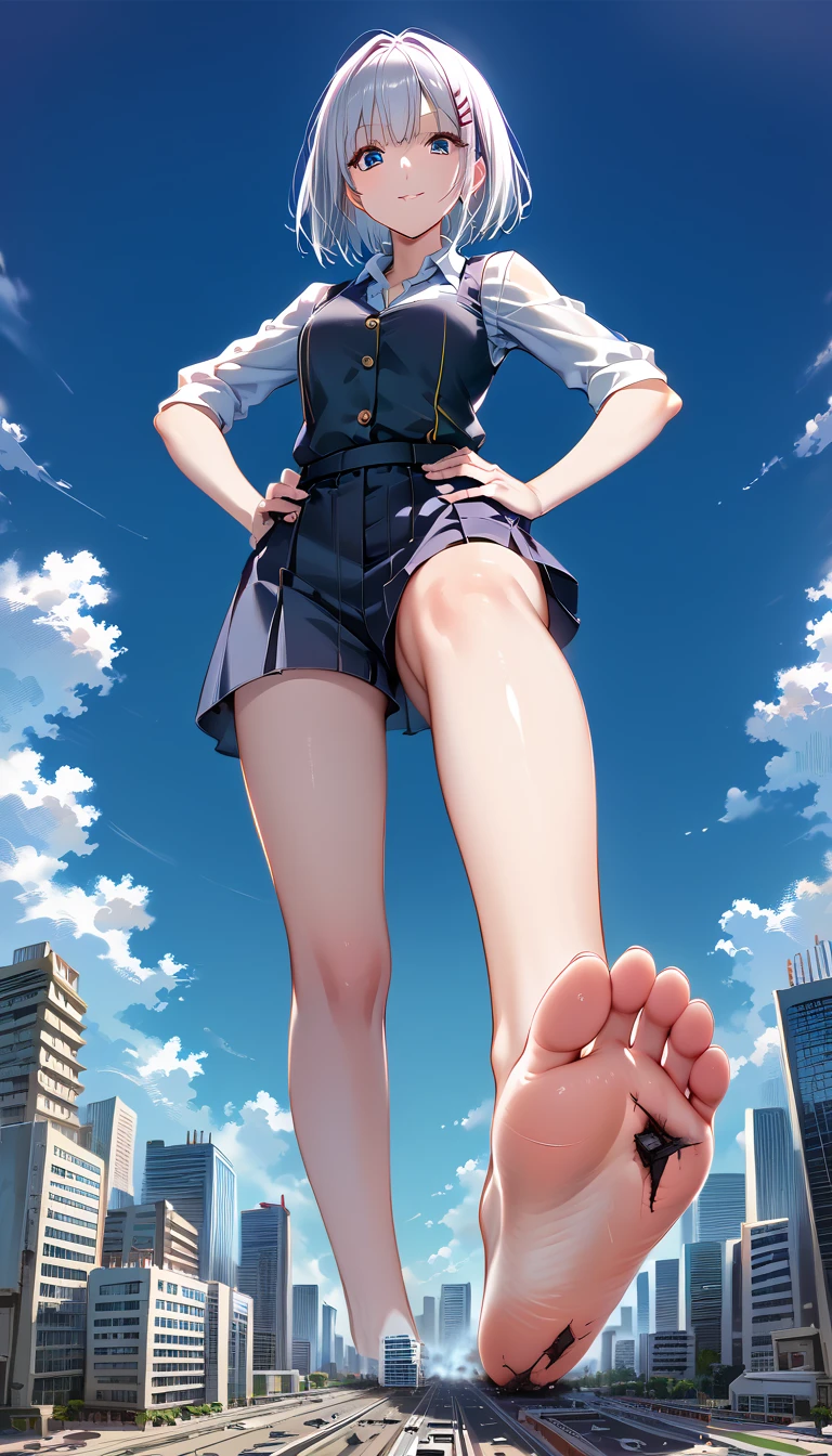 Giantess、Accurate composition、Accurate body、Precise balance、キュートなanime、 is composed of high quality 、 top quality 、Giantess、woman、Giantess、 smiles、建物より大きなwoman、 small tits、View from the ground 、 miniature cityを見下ろすwoman、I can see your feet、I can see your toes、Destroyed cityscape、 a destroyed miniature city、 seen from afar、The fugitive々、 miniature city、 Hands on Hips 、animeイラスト、anime、Giantess