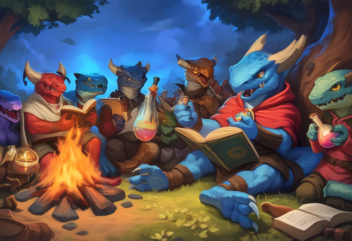 pathfinder kobold,k0bold,yellow eyes,blue skin, multiple kobolds, several kobolds, 6 kobolds, 5 kobolds, many kobolds, happy,  sitting around a campfire, wilderness, night, BREAK one wizard, cloak, book, reading  one assassin, one alchemist, holding a potion, BREAK one archer, holding a bow, one muscular kobold, one bard,accoustic guitar, awawa