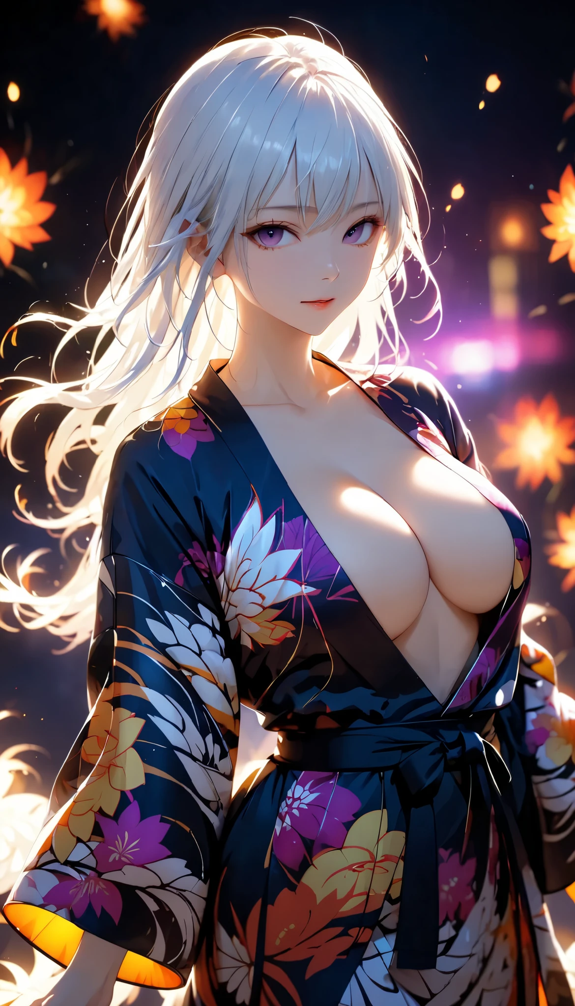 masterpiece,  High Quality ,  high res, 8k, (Alone:1.2), (( One girl )),  Japanese woman,  detailed face ,  detail eyes, correct body structure,  upper body, ((White Hair:1.2)),  long hair,  messy hair,  slender body,  (large breasts:1.2), (huge breasts:1.2), (Uplifted and well-defined bust:1.2), (lifted chest:1.2), (perky breasts :1.2), Fascinating Silhouettes , Glorious skeleton,  depth of field , Dark photo at night,  dimly illuminated , bangs,  cinematic lighting, tyndall effect,  abstract background , (wearing Japanese traditional yukata:1.4), Futuristic costume,  bright colors ,  modern style,  wide sleeve, Artistic,   unique pattern ,  colorful ,  chest , trend