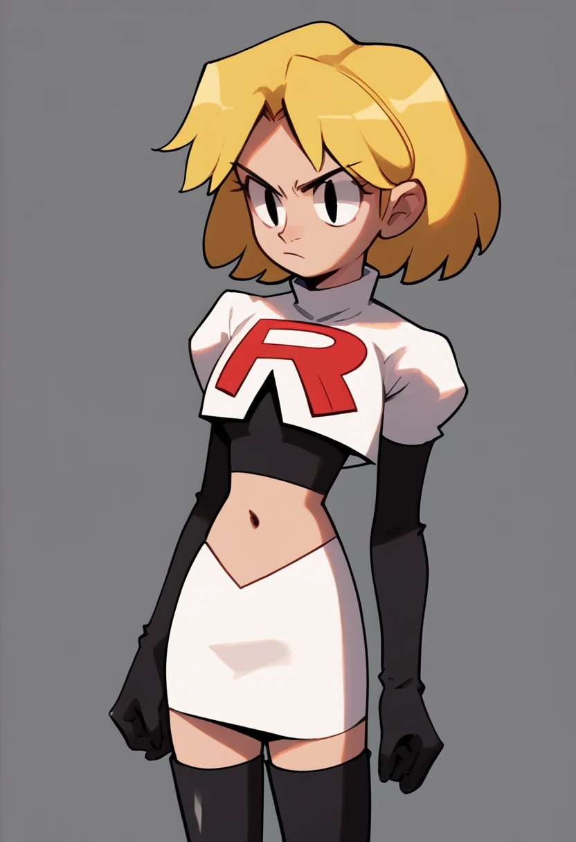 masterpiece,best quality,high res,high quality,8k, masterpiece,highres, team rocket uniform, red letter r, white skirt,white crop top,black thigh-high boots, black elbow gloves, evil smile, looking down at viewer, hands on hips, cowboy shot, zettai ryouiki,spread legs,from below, black panties,anime style, vivid colors, sharp focus, intense lighting,Theresia Caroline,short hair,blonde hair,blue eyes
