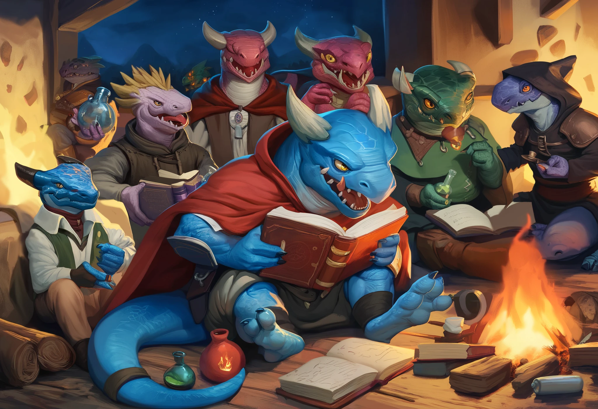 pathfinder kobold,k0bold,yellow eyes,blue skin, multiple kobolds, several kobolds, 6 kobolds, 5 kobolds, many kobolds, happy,  sitting around a campfire, wilderness, night, BREAK one wizard, cloak, book, reading  one assassin, one alchemist, holding a potion, BREAK one archer, holding a bow, one muscular kobold, one bard,accoustic guitar, awawa