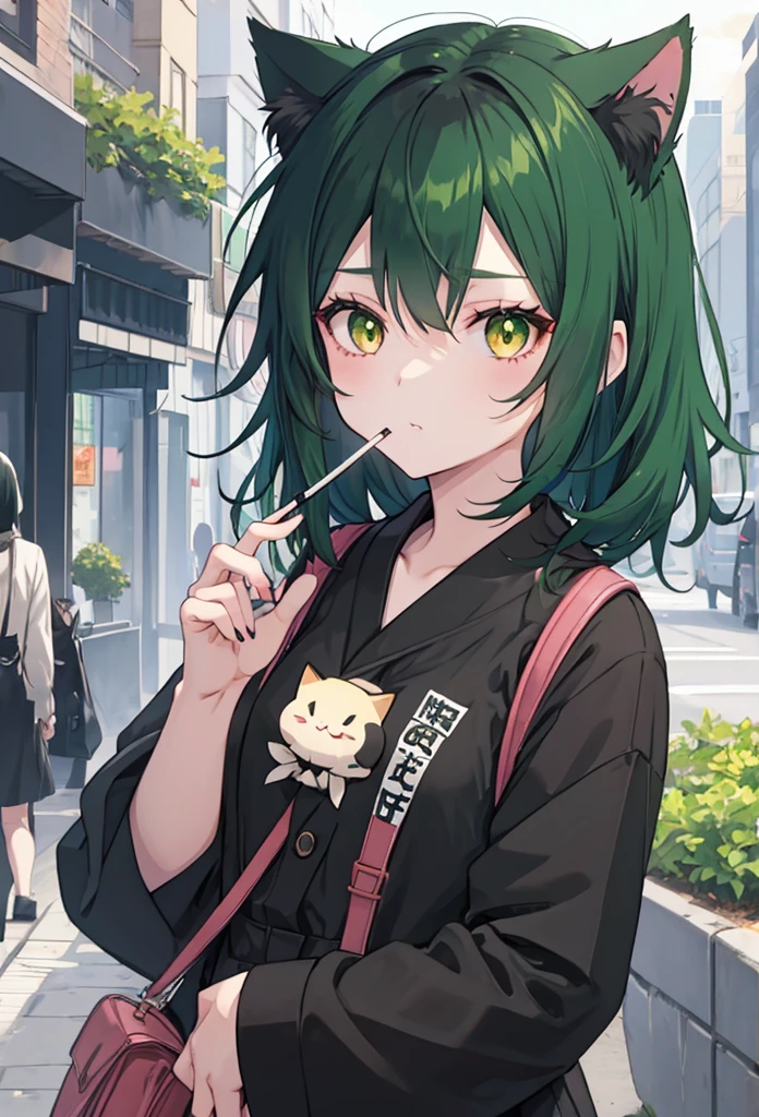 girl neko smoking black and green hair 