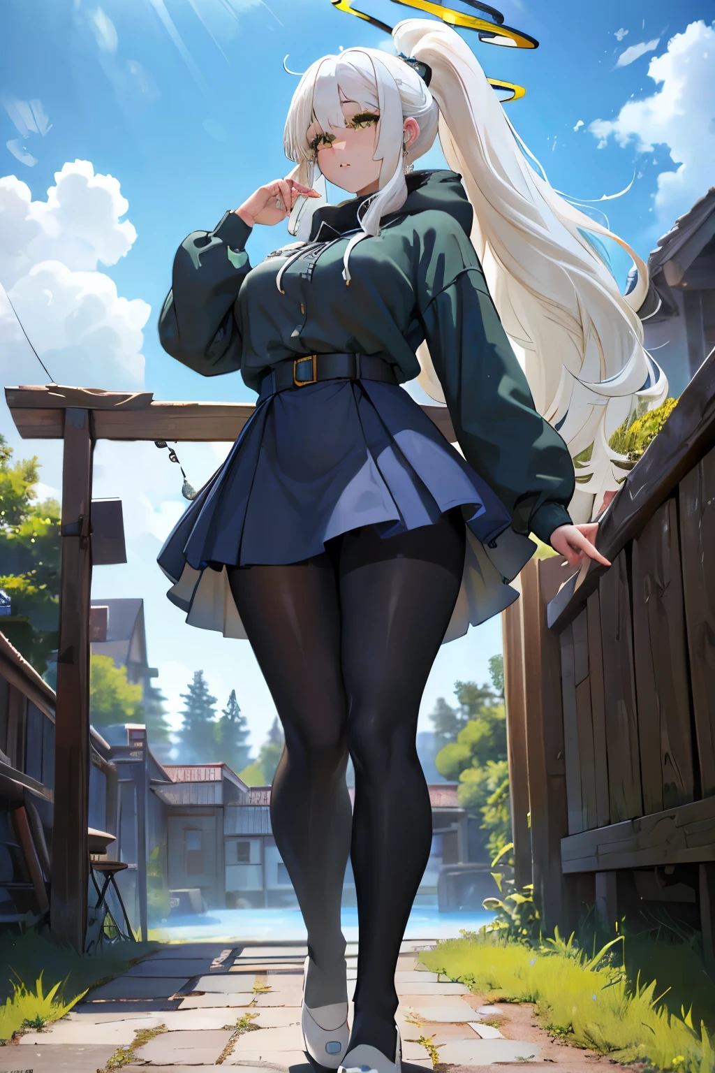 (((fat legs))), ((perfect eyes)), (finely detailed eyes and detailed face:1.3), (extremely fine and beautiful:1.1), (Perfect details:1.1), (Omagari Hare), Blue Archive, (black, yellow halo), green eyes, earings, 1 girl, standing, blue hoodie, belt, ((black glossy pantyhose)), mini skirt, ponytail, (white hair:1.4), (((outdoor))) side view, summer evening, floor lamp