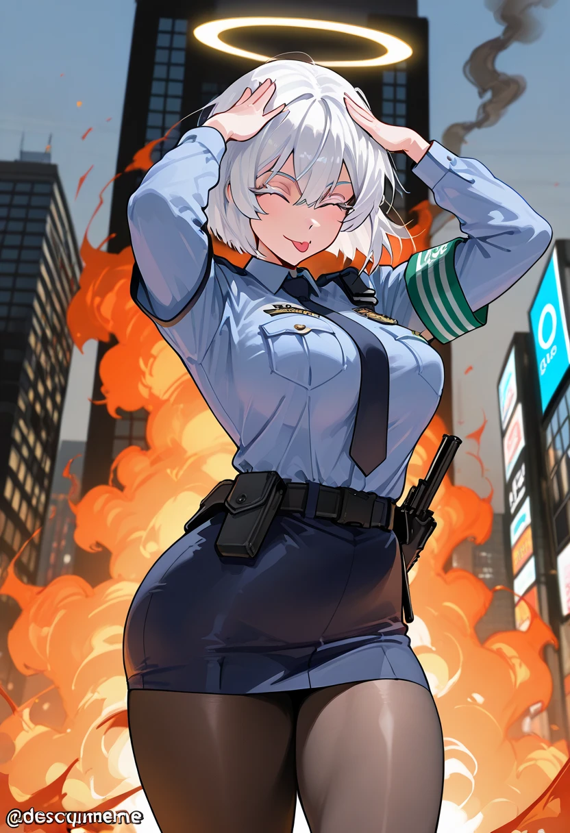 (masterpiece), 1girl, standing over viewer, new York time square background, windy, pigs flying, chaos, holding gun over {{user}}, police women uniform, white hair, thick eyelashes, colored eyelashes, long eyelashes, perky breasts, thick thighs, short skirt, pantyhose, toungue out, closed eyes, toungue out, :p, hands on head,AhEtoBlehMeme, fire in the background, smoke, chaos, opsie~, descrution, 