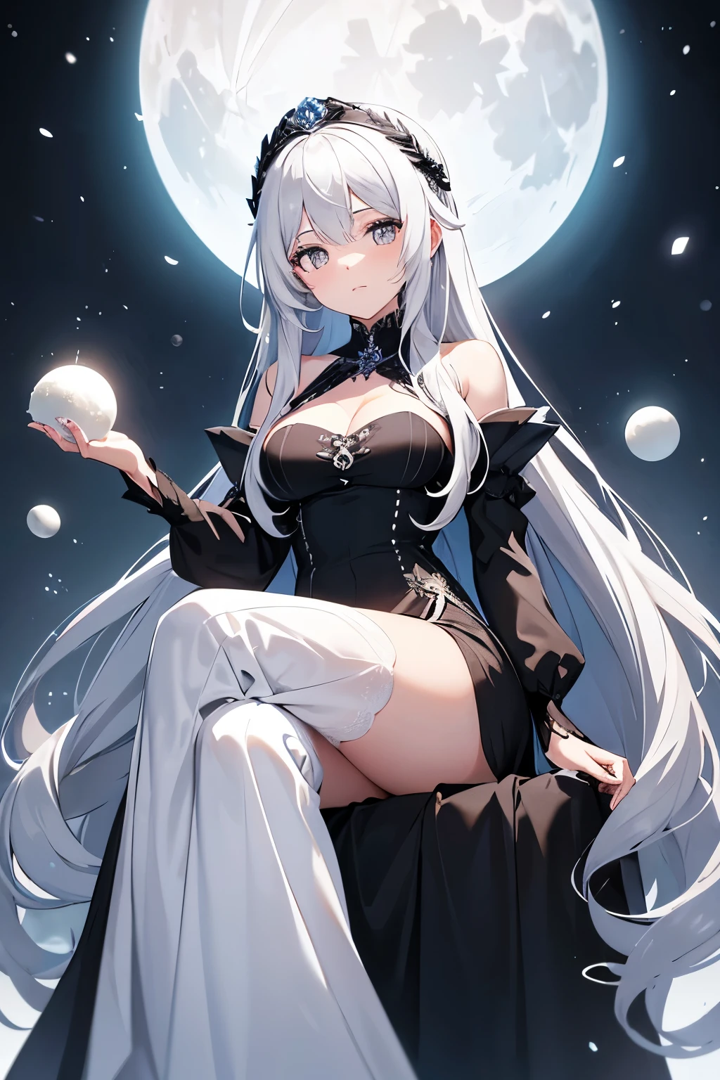 Make a woman with long white hair like snow and gray eyes and beautiful .  Her dress is a black dress with silver details and
 In her hair there is a gray rose .  She is the goddess of the moon and is sitting on a chair above a black forest illuminated by moonlight