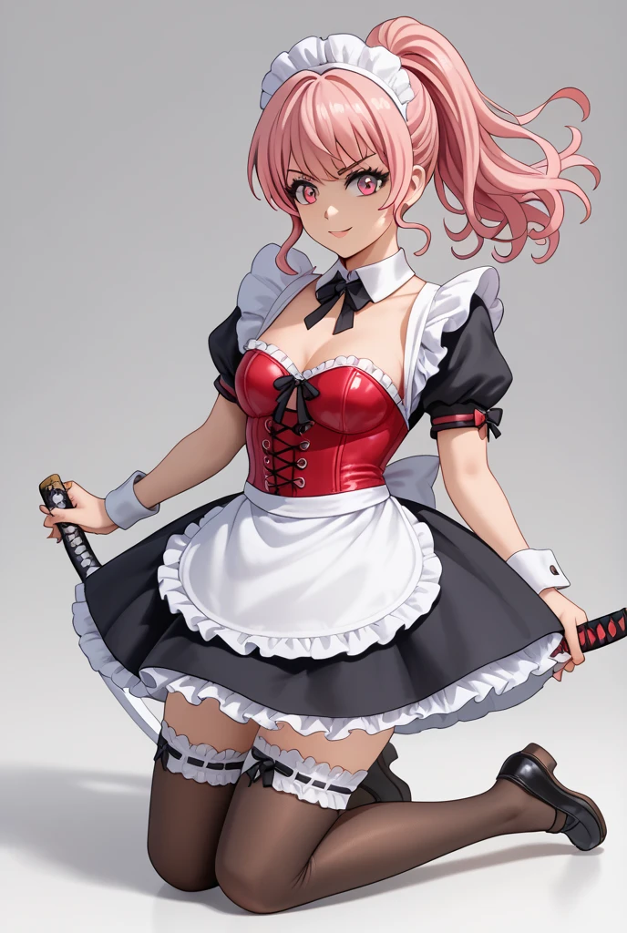 Anime illustration, dynamic pose, close-up, a young woman with pale skin, pink and blonde hair styled in a ponytail with bangs framing her face, wearing a dark blue and white maid-style outfit with a red and white corset, and dark grey thigh-high stockings. She's kneeling, urgently drawing a long, reddish-brown katana from its scabbard. Her expression is one of intense focus and urgency, perhaps slight fear.  The background is plain white. The style should be similar to Kotobukiya Frame Arms Girl kits. High detail, sharp lines, vibrant colors. Focus on the character's determined and slightly panicked expression. (Anime girl:1.2), (Dynamic pose:1.1), (Close-up:1.0), (Pale skin:1.0), (Pink hair:1.1), (Blonde highlights:0.9), (Ponytail:0.8), (Bangs:0.7), (Maid outfit:1.1), (Dark blue:0.9), (White details:0.9), (Red corset:1.0), (Grey stockings:0.8), (Kneeling pose:1.0), (Drawing katana:1.2), (Reddish-brown katana:1.0), (Intense expression:1.3), (Slight fear:0.9), (Kotobukiya Frame Arms Gi