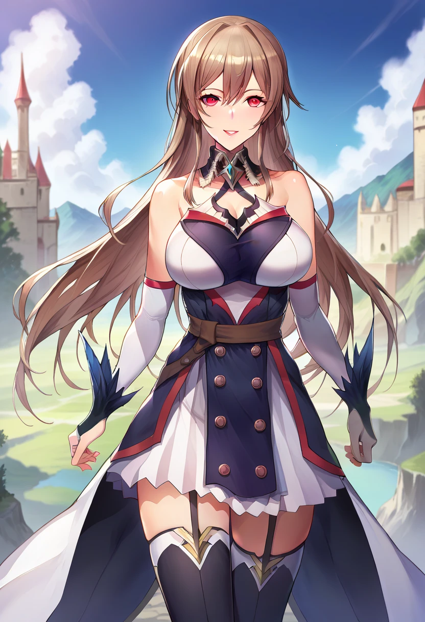 score_9, score_8_up, score_7_up, source_anime,
cinematic, dramatic, blurry background, depth of field, 
1girl, solo, standing, joyful, smile, parted lips, dynamic pose, 
outdoors, fantasy, landscape, castle,  nature,
 frnel, very long hair, bangs, brown hair, red eyes, large eyes,hair between eyes, large breasts, 
1st costume, dress, short dress, detached collar, bare shoulders, detached sleeves,  cleavage, collarbone,  bridal gauntlets, black thighhighs, zettai ryouiki, garter straps, waist cape,