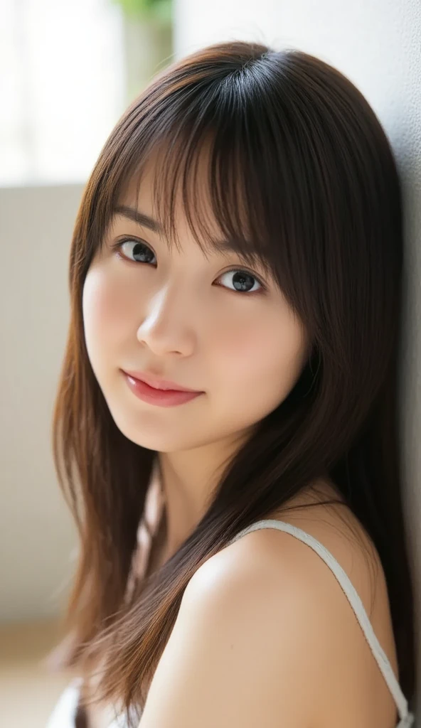 32K, masterpiece, masterpiece,  realistic ,  very detailed,    photo of a slender girl,  high res,  faces that Japanese men really like.,  Smoother Light  ,  Official Art,  Depth of Written Boundary,  bright light, close,  detailed face , smile,  Beautiful Details in the Eyes , 19 years old Korean,  cute,  real skin texture deep into the night, T-Shirts,
