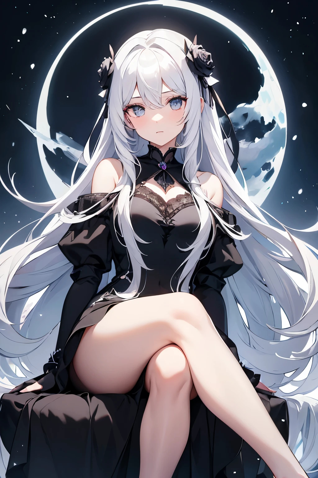 Make a woman with long white hair like snow and gray eyes and beautiful .  Her dress is a black dress with silver details and
 In her hair there is a gray rose .  She is the goddess of the moon and is sitting on a chair above a black forest illuminated by moonlight