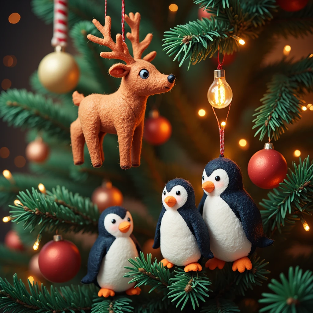 Cute felt ornaments shaped like reindeer and penguins, hanging on a decorated Christmas tree with soft glowing lights. Vibrant colors, handcrafted texture, cozy and cheerful holiday scene.  