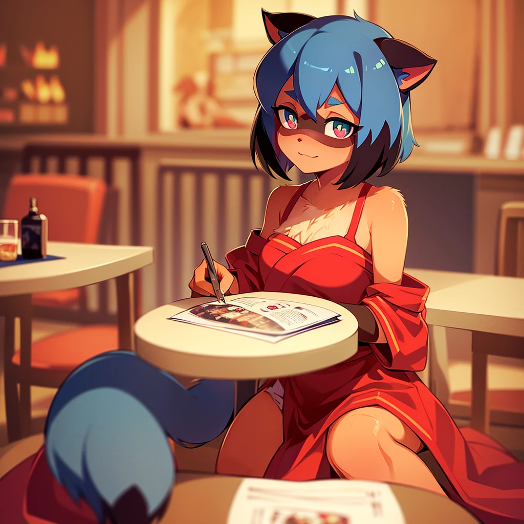 Masterpiece, High quality, High quality of art, best quality, best details, anime artstyle, solo, Michiru Kagemori, Sitting at the table,crafty eyes, red kimono, Bare fluffy shoulders, fluffy fur, fluffy body fur, Relaxed eyebrows, cunning eyes, two-tone hair, multicolored eyes, Sitting at the table, in restaurant, no extra Illumination, Insidious playful eyes, mischievous, Luxury restaurant, sitting at table on sofa 