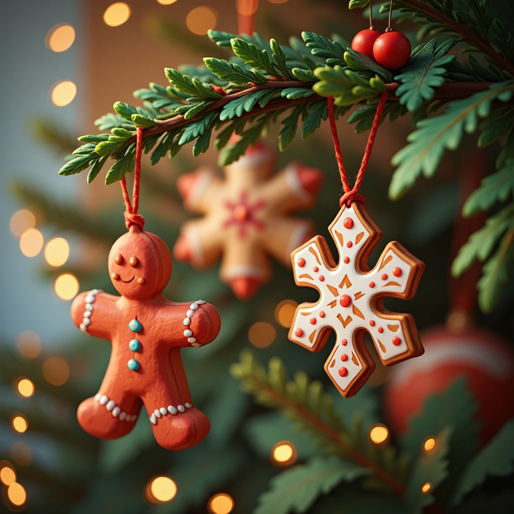 Handcrafted clay ornaments shaped like gingerbread men and snowflakes, painted with festive colors. Hanging from a tree branch, with soft golden lights in the background, detailed textures, and a cheerful Christmas atmosphere.  