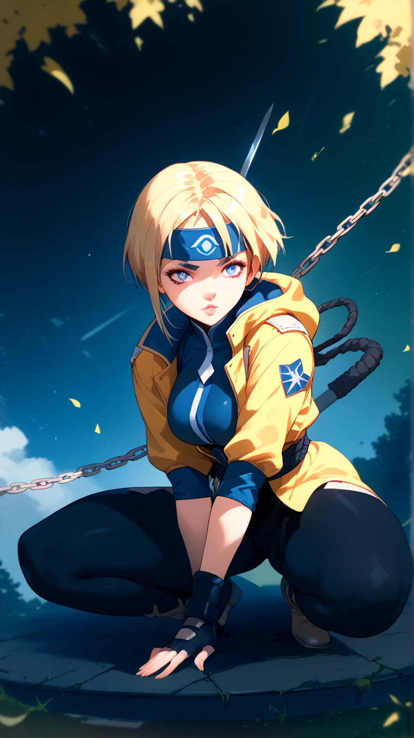  A beautiful ninja warrior , sexy, attractive,  Big breasts ,  clothes glued to the body,  is crouched on the ground , with her arms stretched out ,  over her clothes holding a very sharp sword ,  in each of her hands that are connected to each other by a brilliant chain,  she has short blonde hair ,  Blue Eyes, low-cut clothes,  wears a yellow jacket 