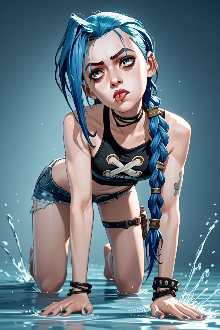 jinx arcane, Effects Effects ,  masterpiece, Bestquality, 1girls, only, Crop top,  Jean Jan ,  denim shorts , choker, (Painted:1.5),  Color splashes , bracelet, thigh strap,  head tilt, bored,  multicolored hair , Water eyes , AuriculAres, backwards, on all fours,  Tongue out, 