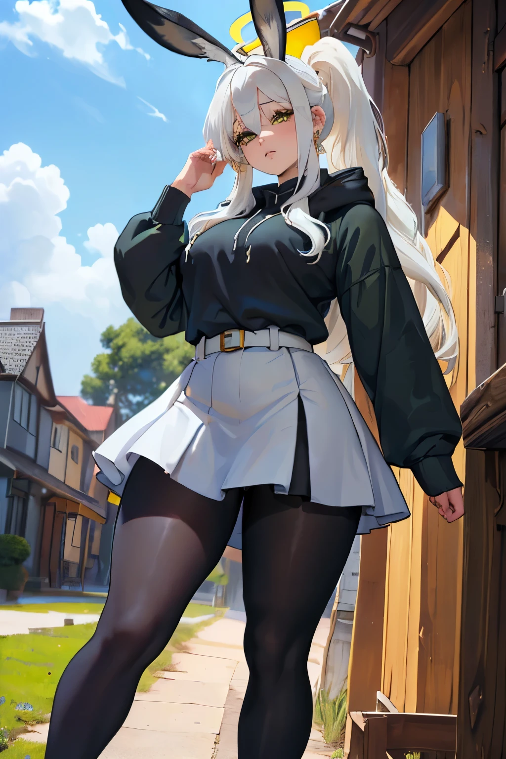 (((fat legs))), ((perfect eyes)), (finely detailed eyes and detailed face:1.3), (extremely fine and beautiful:1.1), (Perfect details:1.1), (Omagari Hare), Blue Archive, (black, yellow halo), green eyes, earings, 1 girl, standing, blue hoodie, belt, ((black glossy pantyhose)), mini skirt, ponytail, (white hair:1.4), (((outdoor))) side view, summer evening, floor lamp