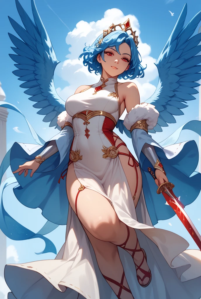 4K,High resolution,One Woman,Blue Hair,Short Hair,Pink eyes,Big Breasts,Valkyrie,White sacred armor,Winged headgear,Jewelry decoration,Gold decoration,Holy Long Sword,Temple in the Sky
