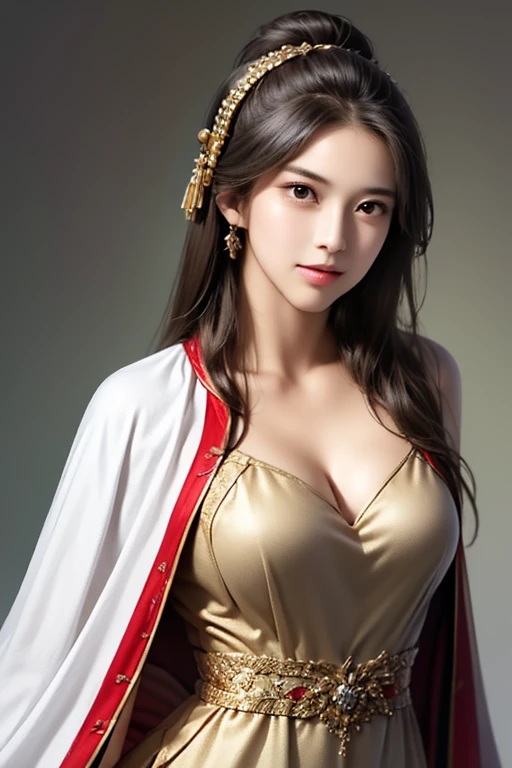 ((The upper body of a female warrior wearing gold and red armor and a cloak:1.4)),1 person,  black hair,  belly shortcut   ,Big breasts and cleavage,  high-definition face and skin texture  ,  staring at the camera,   Chinese Warrior:1.2,  perfect beauty: 1.4, fine grain,  double eyelids in a judo suit ,  whitening for women with bristles, top quality ,  super high res ,  simple background，Symmetrical Normal Eyes   , hair accessories, Slim Waist ,