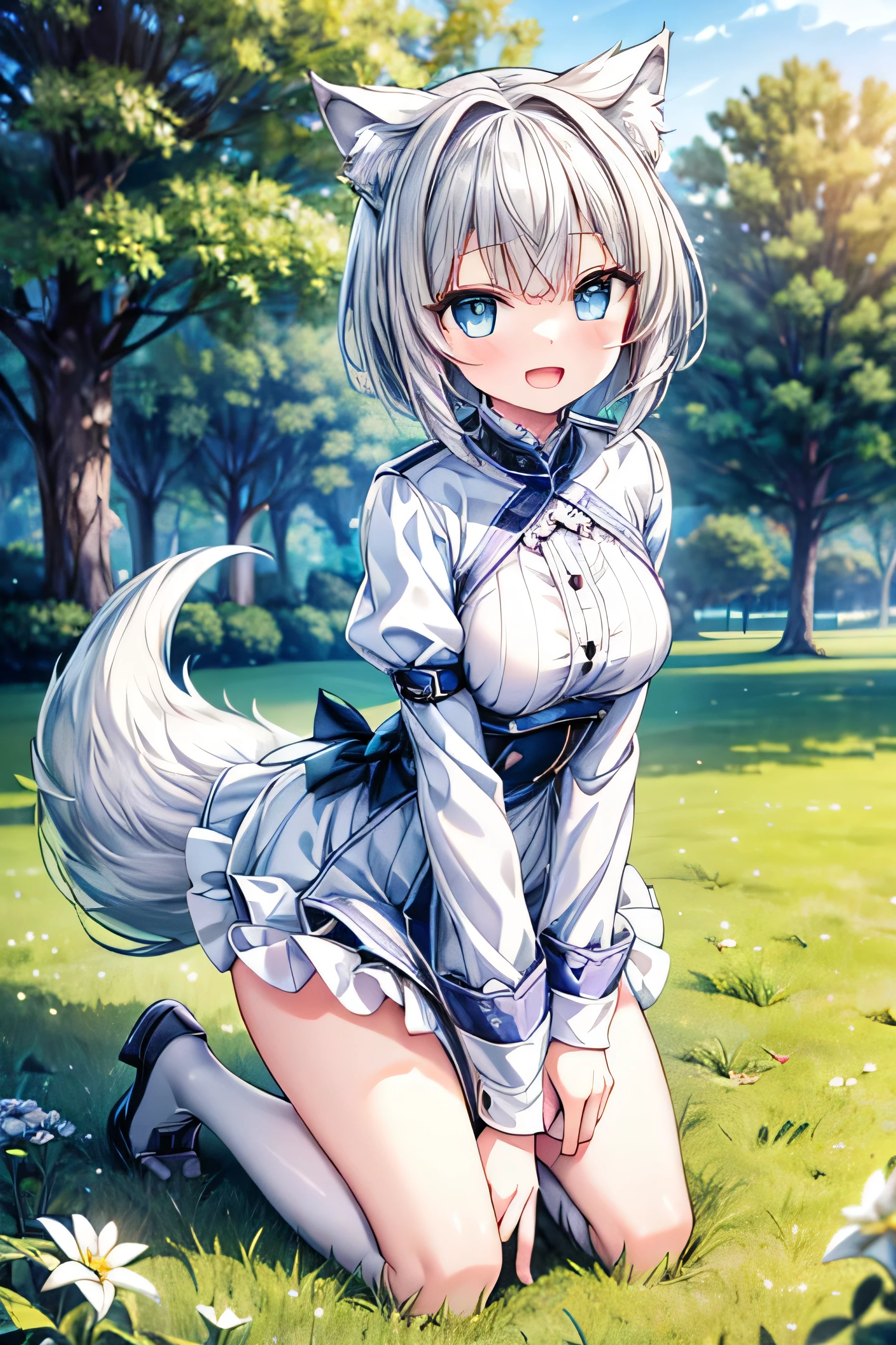 (extremely detailed, 8K resolution, with sharp focus, masterpiece, best quality, Moe Art style, sfw):1.2, 1 cute silver wolf lady, slender full body, kneeling on the grass in the park, detailed skyblue eyes, detailed pupil, extremely contented smile, open mouth, short hair