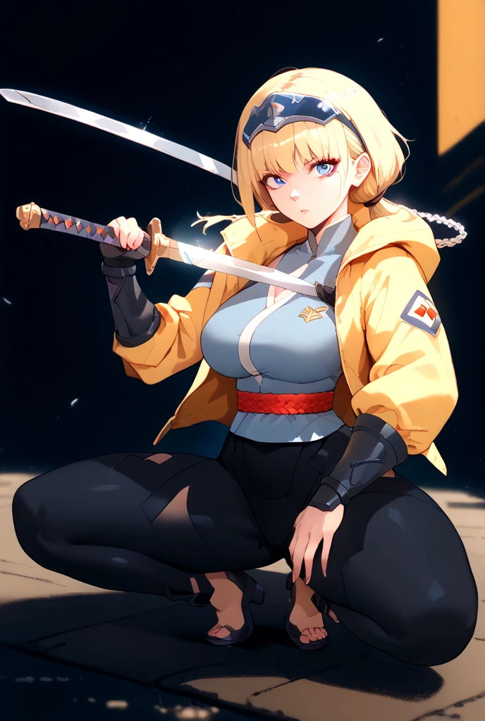  A beautiful ninja warrior , sexy, attractive,  Big breasts , wearing sexy clothes,  is crouched on the ground , with her arms stretched out ,  over her clothes holding a very sharp sword ,  in each of her hands that are connected to each other by a brilliant chain,  she has short blonde hair ,  Blue Eyes, low-cut clothes,  wears a yellow jacket 