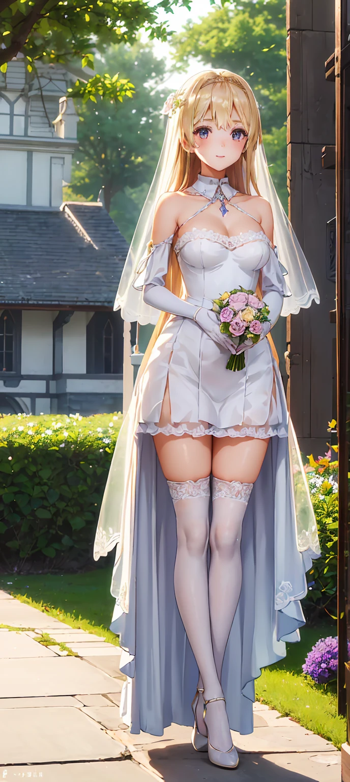 1girl, natural lighting, masterpiece, highly detailed, illustration, game CG, absurdres, high quality, beautiful detailed eyes, glossy lips, natural lighting, medium breasts, klaudia valentz, strapless wedding dress, elbow gloves, high heels, outside, standing, (own skirt lift)