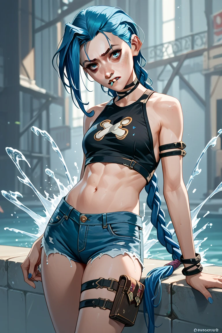 jinx arcane, Effects Effects ,  masterpiece, Bestquality, 1girls, only, Crop top,  Jean Jan ,  denim shorts , choker, (Painted:1.5),  Color splashes , bracelet, thigh strap,  head tilt, biting the lip,  multicolored hair , Water eyes , AuriculAres,  showing the back 