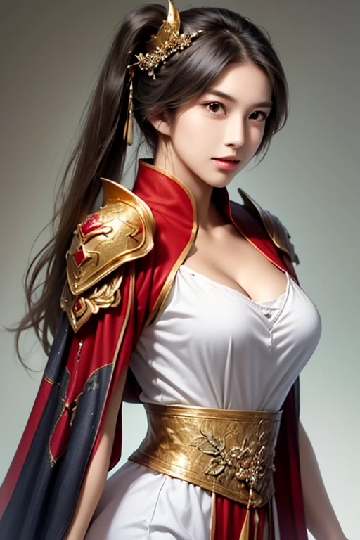 ((The upper body of a female warrior wearing gold and red armor and a cloak:1.4)),1 person,  black hair,  belly shortcut   ,Big breasts and cleavage,  high-definition face and skin texture  ,  staring at the camera,   Chinese Warrior:1.2,  perfect beauty: 1.4, fine grain,  double eyelids in a judo suit ,  whitening for women with bristles, top quality ,  super high res ,  simple background，Symmetrical Normal Eyes   , hair accessories, Slim Waist ,