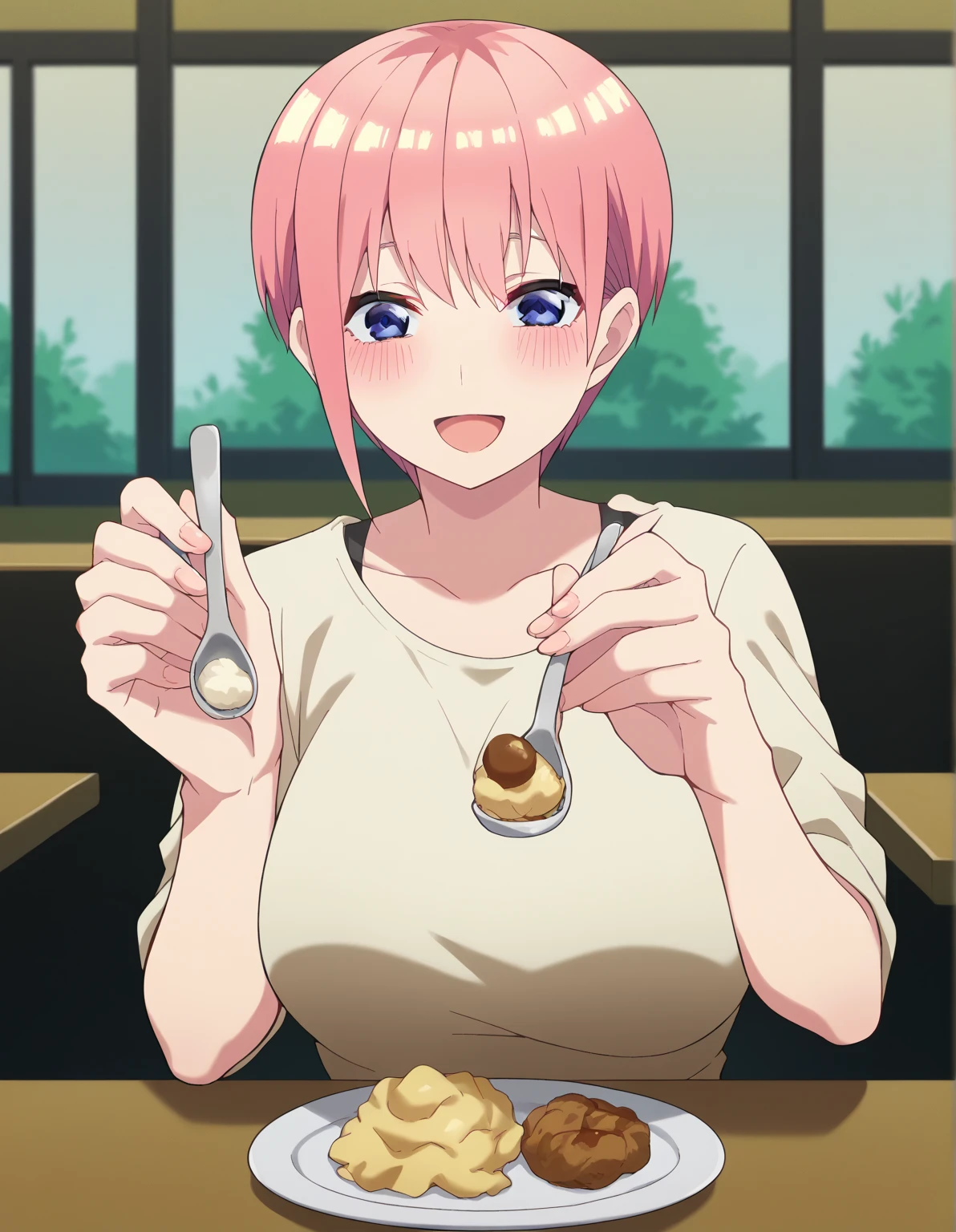 score_9, score_8_up, score_7_up, source_anime, ichika nakano, short hair, bangs, blue eyes, hair between eyes, pink hair, pixie cut, mature female, large breasts, incoming food, spoon, holding, holding spoon, food, looking at viewer, open mouth, blush, smile, restaurant, plate, hand up,, ,