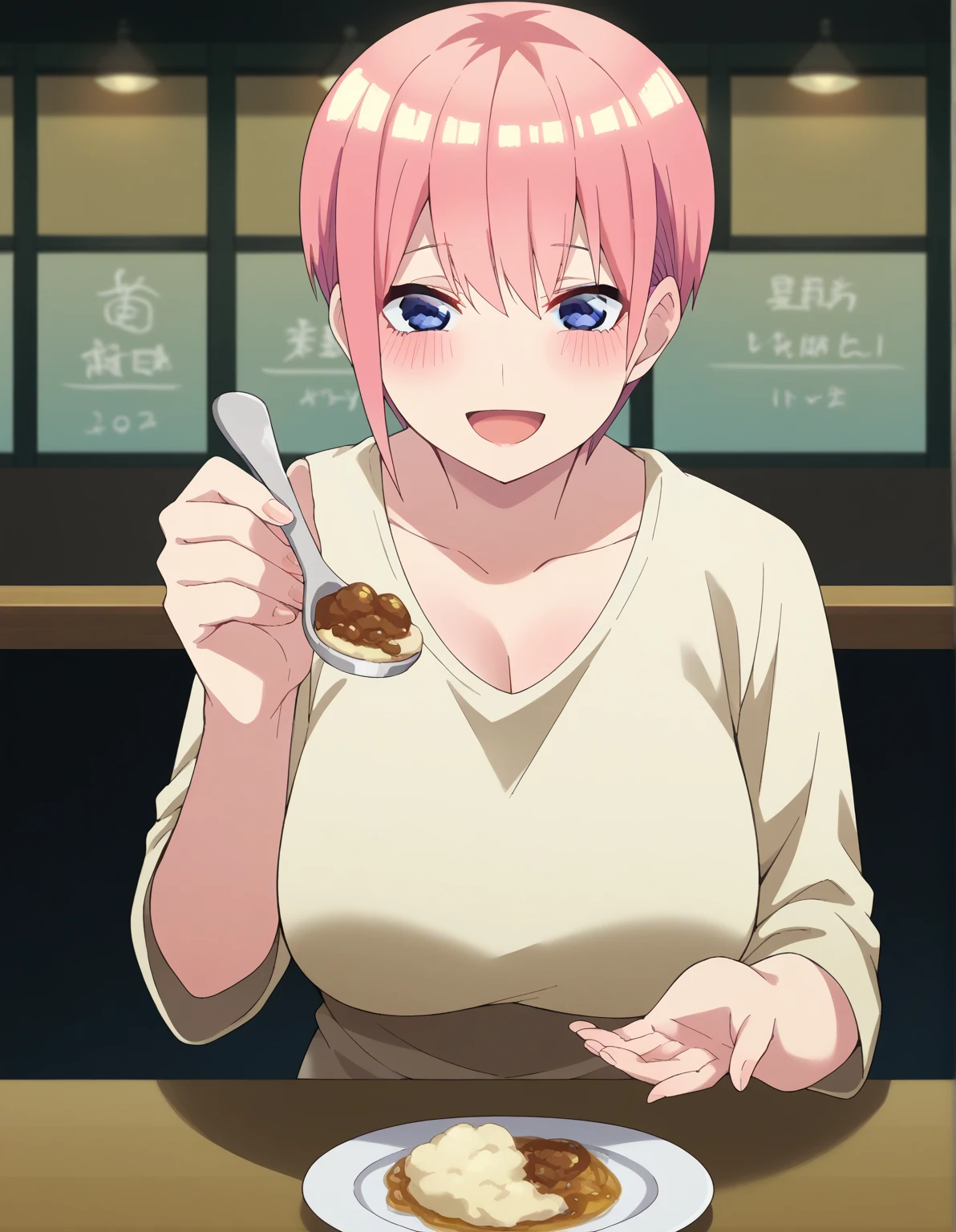 score_9, score_8_up, score_7_up, source_anime, ichika nakano, short hair, bangs, blue eyes, hair between eyes, pink hair, pixie cut, mature female, large breasts, incoming food, spoon, holding, holding spoon, food, looking at viewer, open mouth, blush, smile, restaurant, plate, hand up,, ,