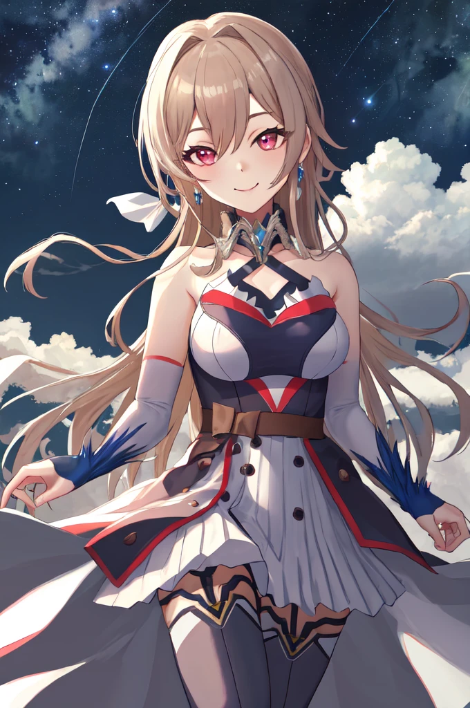 masterpiece, (detailed, highres, best quality), 1girl, face focus, close-up, lustario1st, dress, white dress, detached sleeves, detailed eyes ,bridal gauntlets, black thighhighs, garter straps, cloud, night, night sky, outdoors, sky, star (sky), starry sky, smile, solo