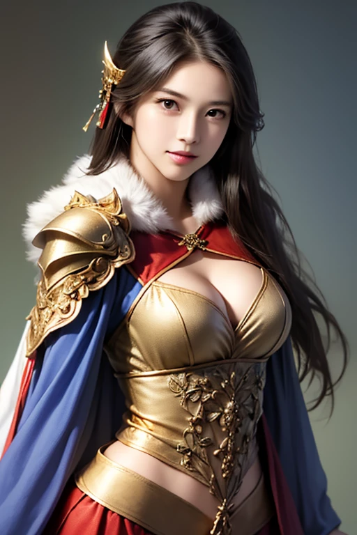 ((The upper body of a female warrior wearing gold and red armor and a cloak:1.4)),1 person,  black hair,  belly shortcut   ,Big breasts and cleavage,  high-definition face and skin texture  ,  staring at the camera,   Chinese Warrior:1.2,  perfect beauty: 1.4, fine grain,  double eyelids in a judo suit ,  whitening for women with bristles, top quality ,  super high res ,  simple background，Symmetrical Normal Eyes   , hair accessories, Slim Waist ,