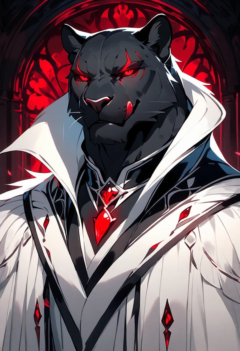 handsome anthropomorphic black panther with red glowing eyes wearing a black modern butler suit, elegant, medieval fantasy vibes, light novel art, black sleek pelt, villain, elegant gothic vibes, detailed furry art, cool, sexy, masculine, butler suit, evil smirk, arrogant, tall and toned body, evil, demonic servant, superiority complex, licking lips, half-lidded gaze 