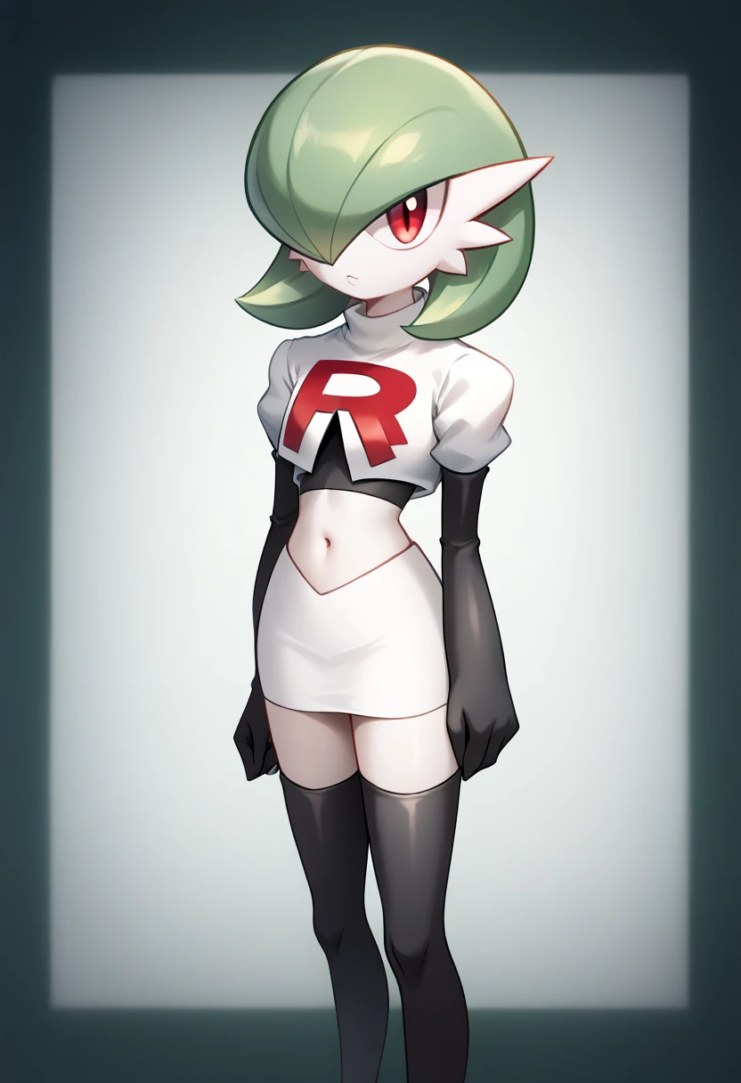 score_9, score_8_up, score_7_up,  ï¼1girl, bob_cut, commentary_request, flat_chest, gardevoir, green_hair, green_skin, hair_over_one_eye, looking_at_viewer, one_eye_covered, partial_commentary, pokemon_\(creature\), red_eyes, short_hair, solo, team rocket,team rocket uniform,white skirt,red letter R,crop top,black thigh-highs,black elbow gloves, two-tone_skin, white_skin,