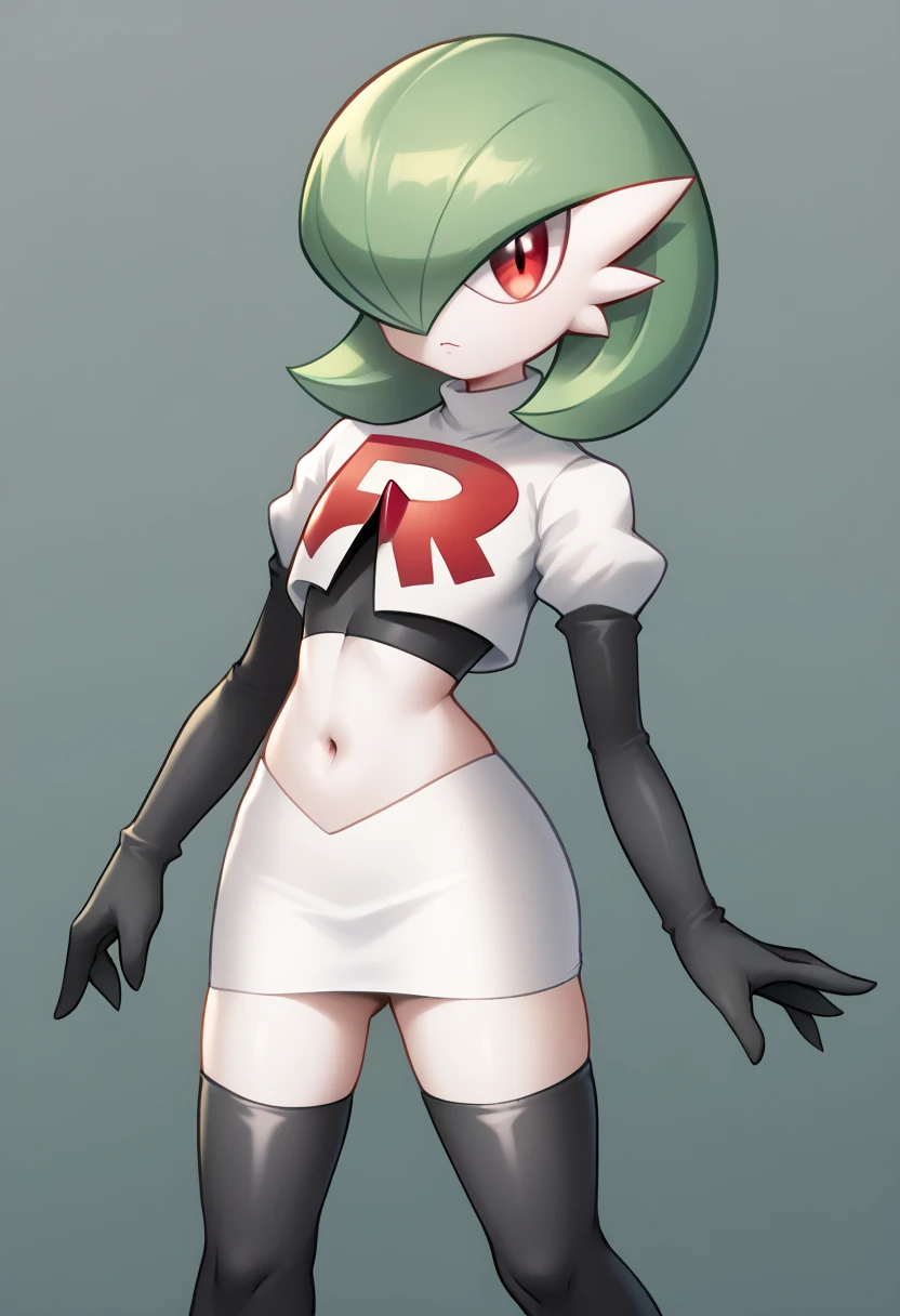 score_9, score_8_up, score_7_up,  ï¼1girl, bob_cut, commentary_request, flat_chest, gardevoir, green_hair, green_skin, hair_over_one_eye, looking_at_viewer, one_eye_covered, partial_commentary, pokemon_\(creature\), red_eyes, short_hair, solo, team rocket,team rocket uniform,white skirt,red letter R,crop top,black thigh-highs,black elbow gloves, two-tone_skin, white_skin,