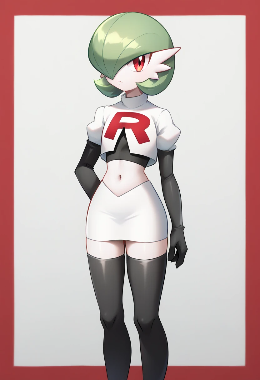 score_9, score_8_up, score_7_up,  ï¼1girl, bob_cut, commentary_request, flat_chest, gardevoir, green_hair, green_skin, hair_over_one_eye, looking_at_viewer, one_eye_covered, partial_commentary, pokemon_\(creature\), red_eyes, short_hair, solo, team rocket,team rocket uniform,white skirt,red letter R,crop top,black thigh-highs,black elbow gloves, two-tone_skin, white_skin,