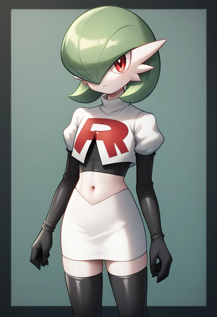 score_9, score_8_up, score_7_up,  ï¼1girl, bob_cut, commentary_request, flat_chest, gardevoir, green_hair, green_skin, hair_over_one_eye, looking_at_viewer, one_eye_covered, partial_commentary, pokemon_\(creature\), red_eyes, short_hair, solo, team rocket,team rocket uniform,white skirt,red letter R,crop top,black thigh-highs,black elbow gloves, two-tone_skin, white_skin,