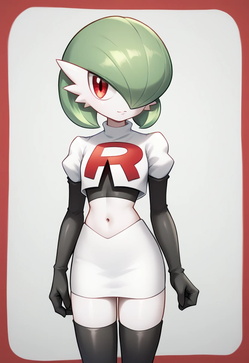 score_9, score_8_up, score_7_up,  ï¼1girl, bob_cut, commentary_request, flat_chest, gardevoir, green_hair, green_skin, hair_over_one_eye, looking_at_viewer, one_eye_covered, partial_commentary, pokemon_\(creature\), red_eyes, short_hair, solo, team rocket,team rocket uniform,white skirt,red letter R,crop top,black thigh-highs,black elbow gloves, two-tone_skin, white_skin,