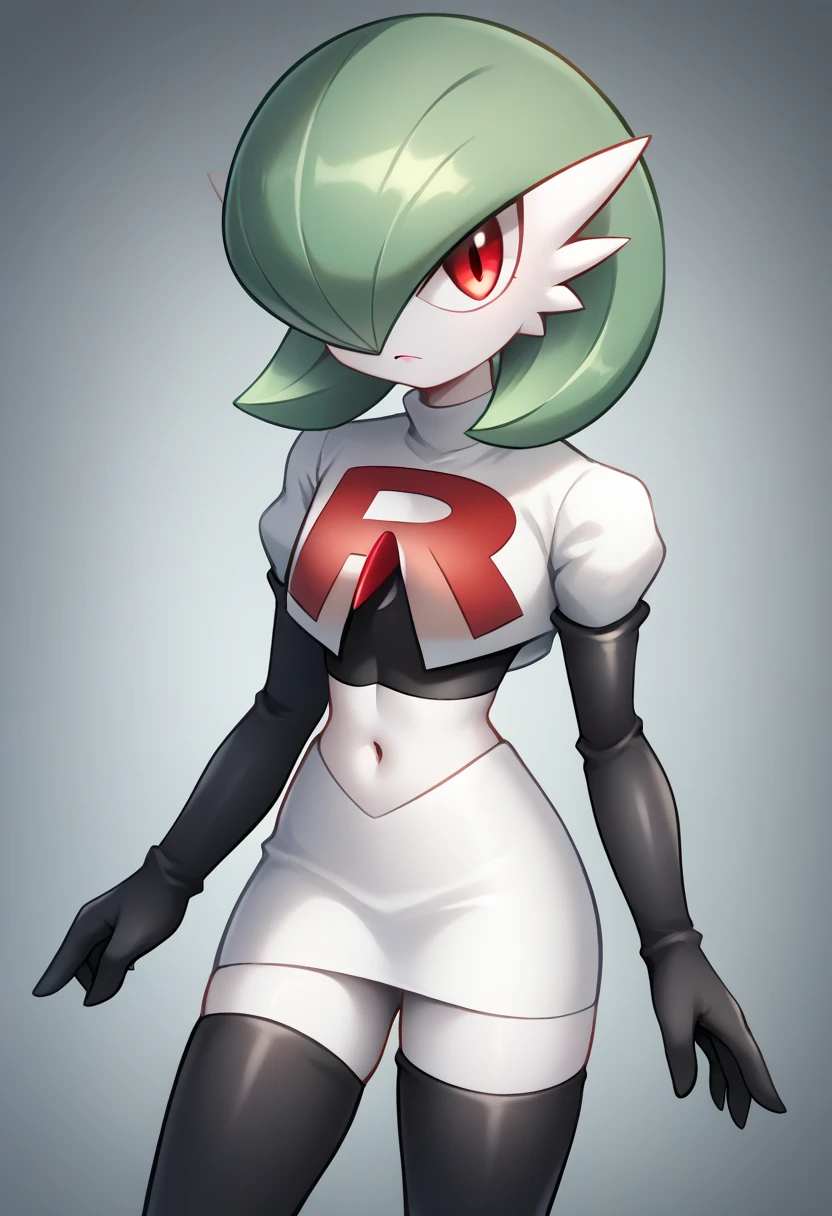 score_9, score_8_up, score_7_up,  ï¼1girl, bob_cut, commentary_request, flat_chest, gardevoir, green_hair, green_skin, hair_over_one_eye, looking_at_viewer, one_eye_covered, partial_commentary, pokemon_\(creature\), red_eyes, short_hair, solo, team rocket,team rocket uniform,white skirt,red letter R,crop top,black thigh-highs,black elbow gloves, two-tone_skin, white_skin,