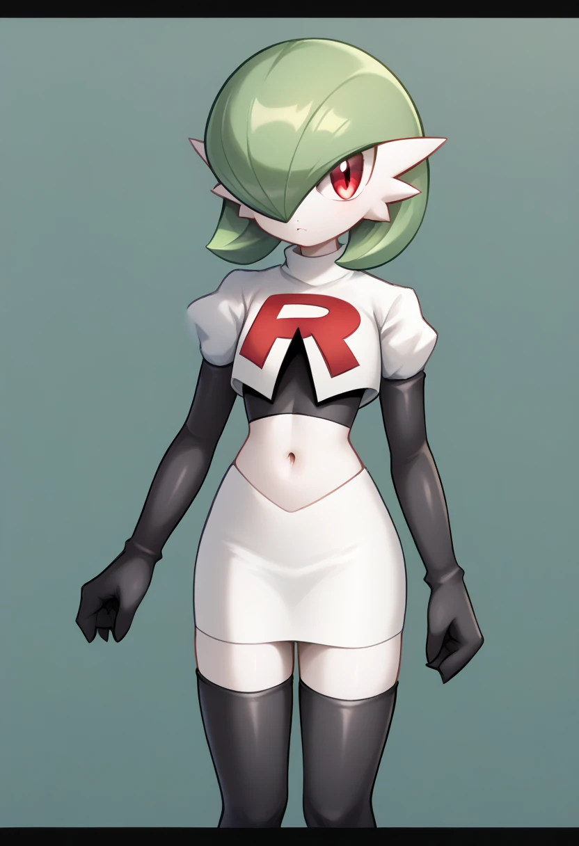 score_9, score_8_up, score_7_up,  ï¼1girl, bob_cut, commentary_request, flat_chest, gardevoir, green_hair, green_skin, hair_over_one_eye, looking_at_viewer, one_eye_covered, partial_commentary, pokemon_\(creature\), red_eyes, short_hair, solo, team rocket,team rocket uniform,white skirt,red letter R,crop top,black thigh-highs,black elbow gloves, two-tone_skin, white_skin,