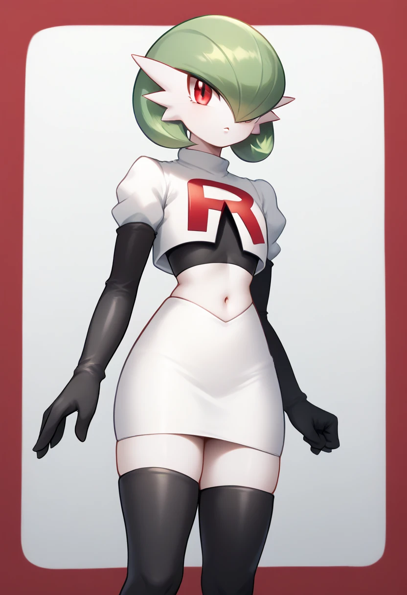 score_9, score_8_up, score_7_up,  ï¼1girl, bob_cut, commentary_request, flat_chest, gardevoir, green_hair, green_skin, hair_over_one_eye, looking_at_viewer, one_eye_covered, partial_commentary, pokemon_\(creature\), red_eyes, short_hair, solo, team rocket,team rocket uniform,white skirt,red letter R,crop top,black thigh-highs,black elbow gloves, two-tone_skin, white_skin,